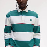 FRED PERRY HEAVY WEIGHT JERSEY STRIPE RUGBY LS POLO SHIRT - SNOW WHITE