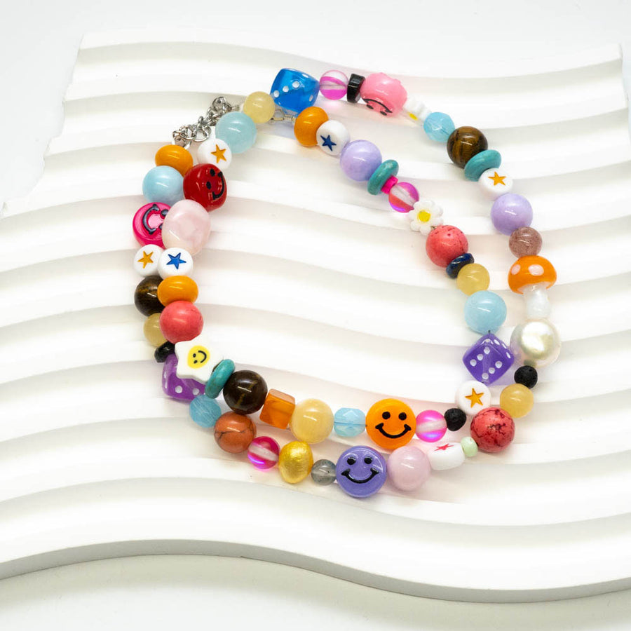 1ST PRODUCT + NORTHERN SKY PEARL MULTI BEAD CHARM SHORT NECKLACE - HAPPY PEOPLE SMILEY CHARM