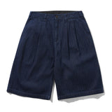 BUTTER PLEATED HERRINGBONE DENIM SHORTS - INDIGO NAVY